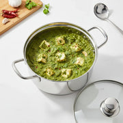Paneer curry with green spinach sauce in stainless steel pot with chili, garlic, and coriander